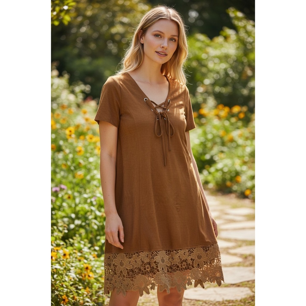 Muche et Muchette Dress Womens OS Brown Faux Suede Lace Hem Lace Up Boho